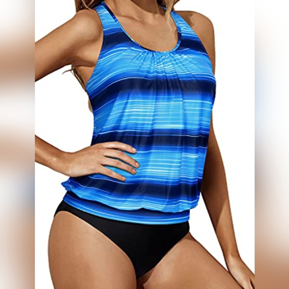 NWT. Jasambac Ocean Blue Striped Blousin Tankini Set With Highwaisted Bottoms